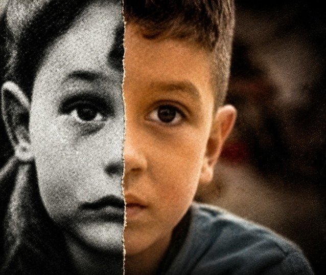 Two boys, one in black and white and one in colour, divided by a torn seam